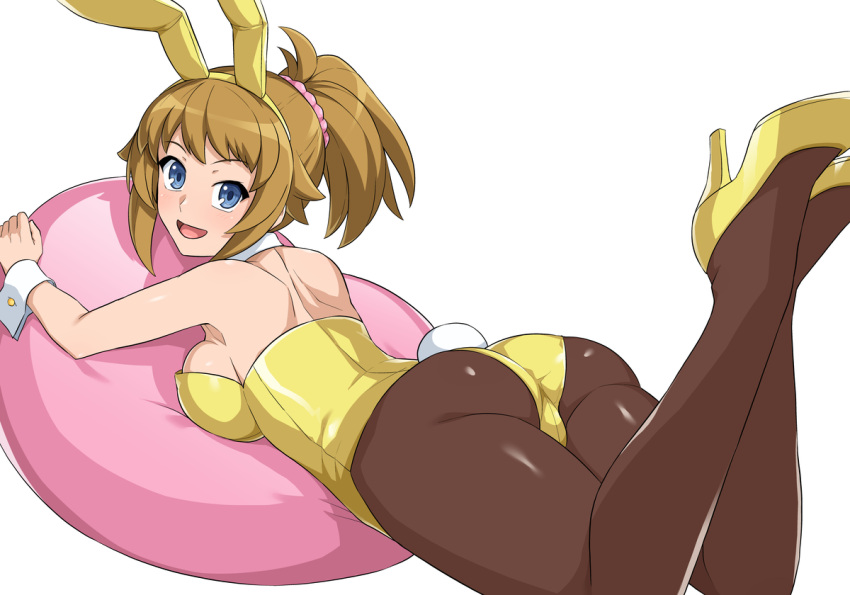 1girl :d animal_ears ass blue_eyes breasts brown_hair brown_pantyhose commentary_request detached_collar fake_animal_ears fake_tail from_behind gundam gundam_build_fighters gundam_build_fighters_try haruhisky high_heels hoshino_fumina large_breasts legs_up leotard looking_at_viewer looking_back lying on_stomach open_mouth pantyhose ponytail rabbit_ears rabbit_tail sidelocks simple_background smile solo tail the_pose white_background wrist_cuffs yellow_footwear yellow_leotard