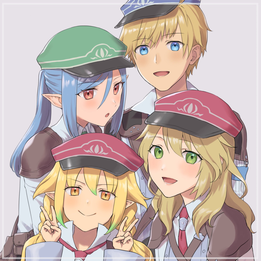 1boy 3girls :d alice_(rune_factory) ares_(rune_factory) blonde_hair blue_eyes blue_hair blue_headwear blush closed_mouth collared_shirt commentary_request double_v elf gradient_hair green_eyes green_hair green_headwear grey_background hair_between_eyes hat highres livia_(rune_factory) long_hair long_sleeves looking_at_viewer multicolored_hair multiple_girls open_mouth peaked_cap pointy_ears ponytail red_eyes red_headwear rune_factory rune_factory_5 scarlett_(rune_factory) shirt short_hair shoulder_pads simple_background smile tanabe_rf upper_body v white_shirt yellow_eyes