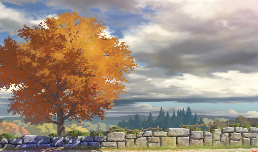 absurdres autumn blue_sky cloud day highres no_humans original outdoors scenery sky stone_wall sumassha_t_t tree wall