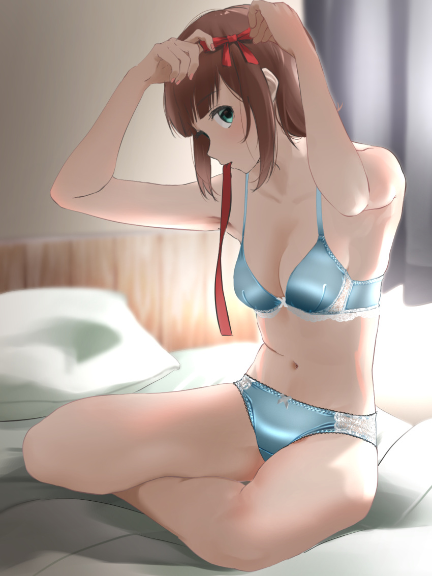 1girl adjusting_hair amami_haruka bare_legs bare_shoulders bed bed_sheet bedroom blue_bra blue_panties blurry blurry_background blush bra breasts brown_hair cleavage collarbone commentary_request commission curtains depth_of_field full_body green_eyes grey_curtains hair_ribbon highres idolmaster idolmaster_(classic) idolmaster_million_live! indoors looking_at_viewer mouth_hold navel on_bed panties partial_commentary pillow pixiv_commission red_ribbon ribbon sideways_glance sitting small_breasts solo stomach tama_(tamago) underwear underwear_only yokozuwari