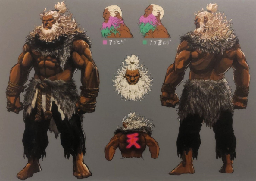 akuma_(street_fighter) barefoot beard capcom dark_skin facial_hair fur_trim logo muscular muscular_male rope_belt simple_background street_fighter topknot