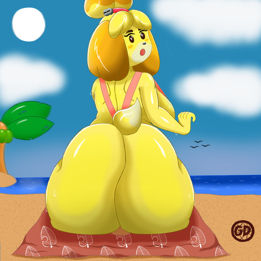 absurd_res animal_crossing anthro beach big_breasts big_butt bikini blush bodily_fluids breasts butt canid canine canis clothed clothing digital_media_(artwork) domestic_dog female fur guydude01 hair hair_bun hi_res huge_butt isabelle_(animal_crossing) looking_back mammal nintendo open_mouth palm_tree plant seaside shih_tzu solo swimwear toy_dog tree yellow_body yellow_fur