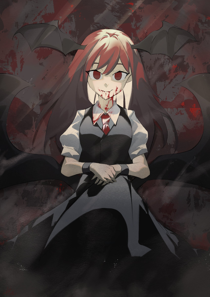 0rwk12s 1girl absurdres bat_wings black_dress blood blood_on_clothes blood_on_face blood_on_wall bracelet dress highres jewelry koakuma light_rays looking_at_viewer necktie red_eyes red_hair red_necktie touhou wings