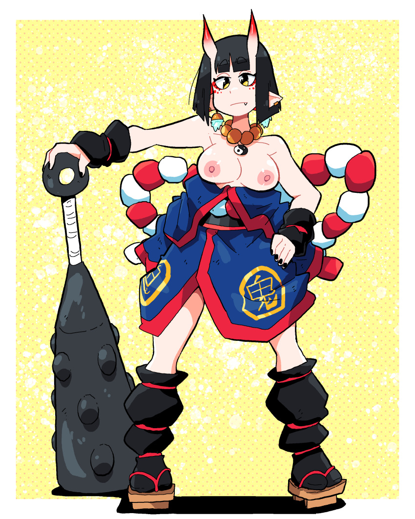 1girl absurdres bare_shoulders black_nails black_socks blunt_bangs blunt_ends breasts cleavage club_(weapon) earrings fang full_body geta halftone highres horns jewelry looking_at_viewer medium_breasts necklace nipples oni oni_horns original pointy_ears red_horns rope scott_malin shadow short_hair skin-covered_horns socks solo standing topless weapon yellow_eyes yin_yang