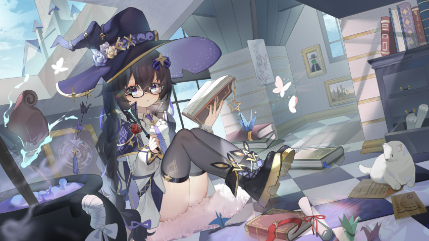 1girl absurdres black_footwear black_hair black_thighhighs book bow braid breasts cauldron chinese_commentary collared_shirt commentary_request crossed_bangs double-parted_bangs glasses hair_between_eyes hair_bow hair_ornament hat highres holding holding_book holding_wand indoors kele_mimi knees_up long_hair long_sleeves looking_at_viewer necktie original parted_lips puffy_long_sleeves puffy_sleeves purple_eyes purple_necktie semi-rimless_eyewear shirt sitting small_breasts star_(symbol) star_hair_ornament thighhighs thighs twin_braids under-rim_eyewear wand white_shirt witch_hat