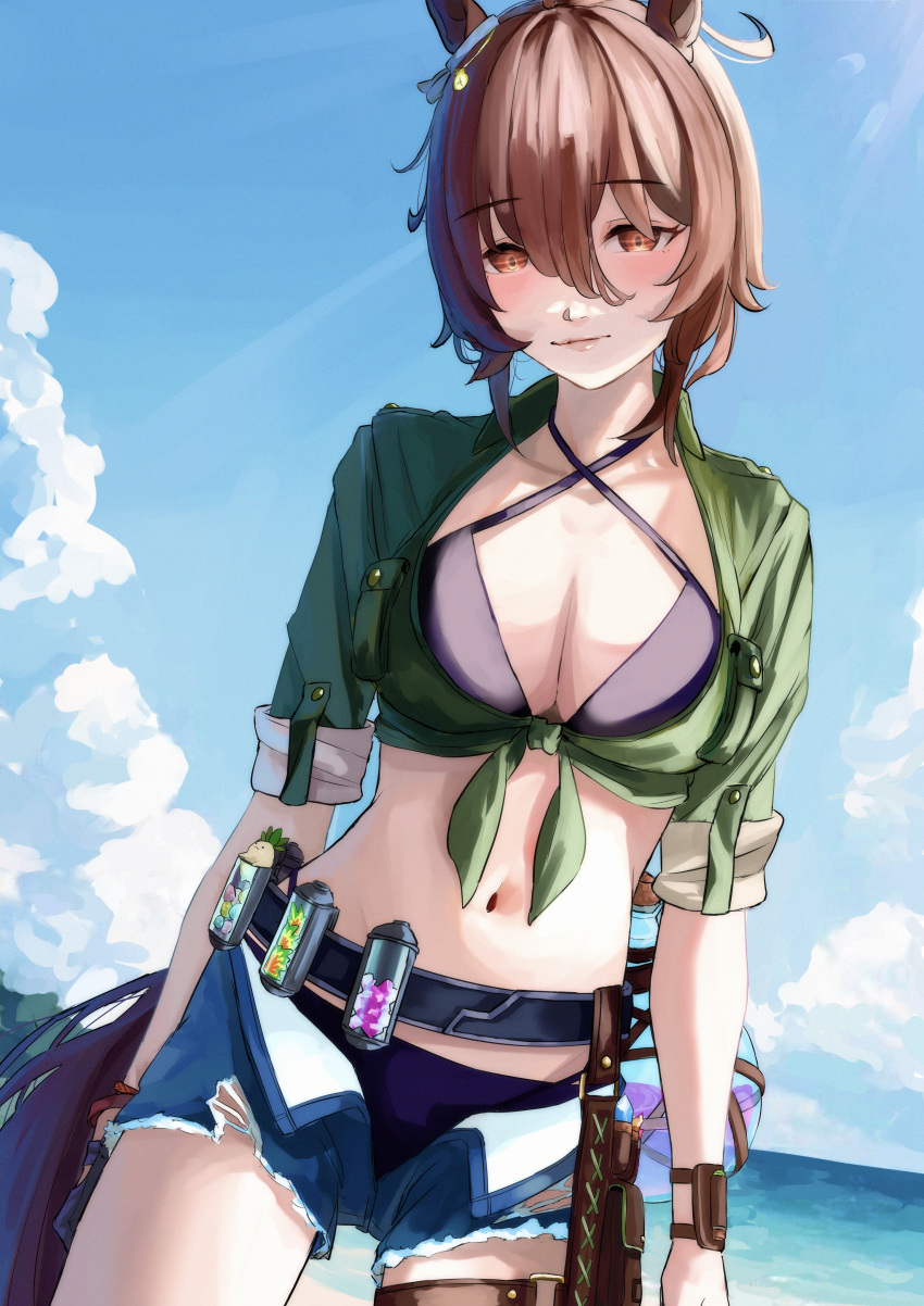 1girl absurdres agnes_tachyon_(lunatic_lab)_(umamusume) agnes_tachyon_(umamusume) ahoge animal_ears belt belt_pouch bikini black_bikini blue_shorts breasts brown_eyes brown_hair canister cleavage collarbone commentary_request criss-cross_halter ear_ornament flask from_below green_jacket hair_between_eyes halterneck highres horse_tail jacket light_rays mandrake midriff navel ocean open_clothes open_shorts pouch round-bottom_flask short_hair shorts solo summer's_sunlight_fades_to_blue_(umamusume) sunlight swimsuit tail takamiya2222 thigh_belt thigh_strap tied_jacket umamusume wrist_straps