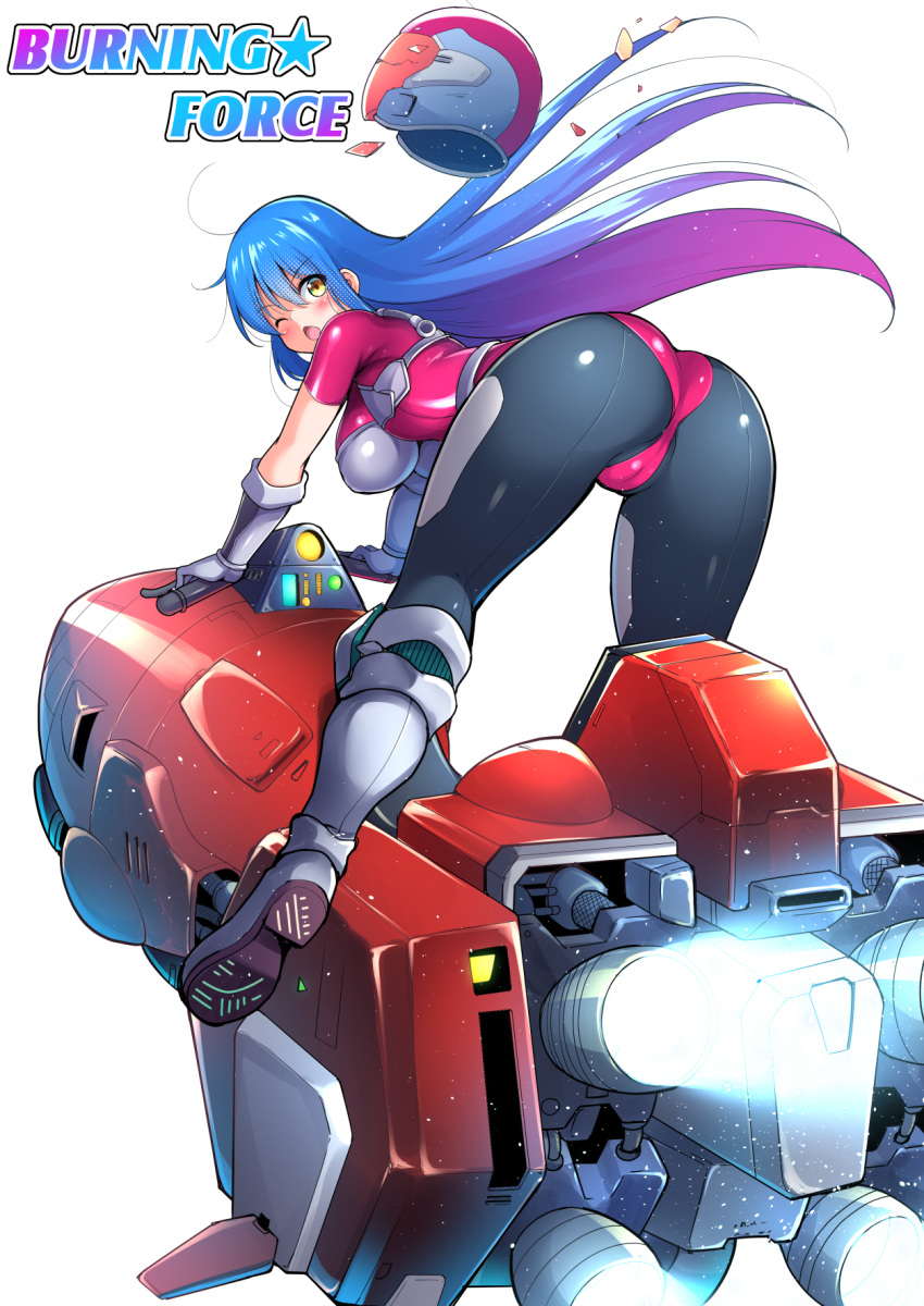 1girl ass bent_over blue_hair boots breasts burning_force c.r. commentary_request copyright_name elbow_gloves from_behind gloves helmet highres hover_bike large_breasts leotard long_hair looking_at_viewer looking_back motorcycle_helmet one_eye_closed open_mouth pink_leotard simple_background solo tengenji_hiromi unworn_headwear unworn_helmet white_background white_footwear white_gloves yellow_eyes