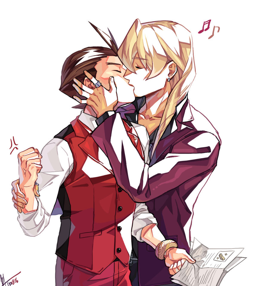 2boys ace_attorney anger_vein antenna_hair apollo_justice black_pants black_shirt blonde_hair bracelet brown_hair buttons closed_eyes dated drill_hair earrings forked_eyebrows hand_on_another's_cheek hand_on_another's_face hand_on_another's_wrist highres holding holding_another's_wrist holding_paper jacket jewelry kiss klavier_gavin lapel_pin lapels long_sleeves male_focus miz_(bannako) multiple_boys musical_note open_collar pants paper pocket purple_jacket red_pants red_suit red_vest ring shirt short_hair signature simple_background sleeves_rolled_up suit upper_body vest white_background white_shirt yaoi