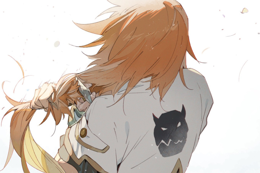 1boy black_shirt brown_gloves buttons cutting_hair cutting_own_hair fingerless_gloves from_behind gloves holding holding_knife holding_own_hair jacket knife long_hair luke_fon_fabre male_focus red_hair shirt short_sleeves solo tales_of_(series) tales_of_the_abyss upper_body white_background white_jacket xing_20