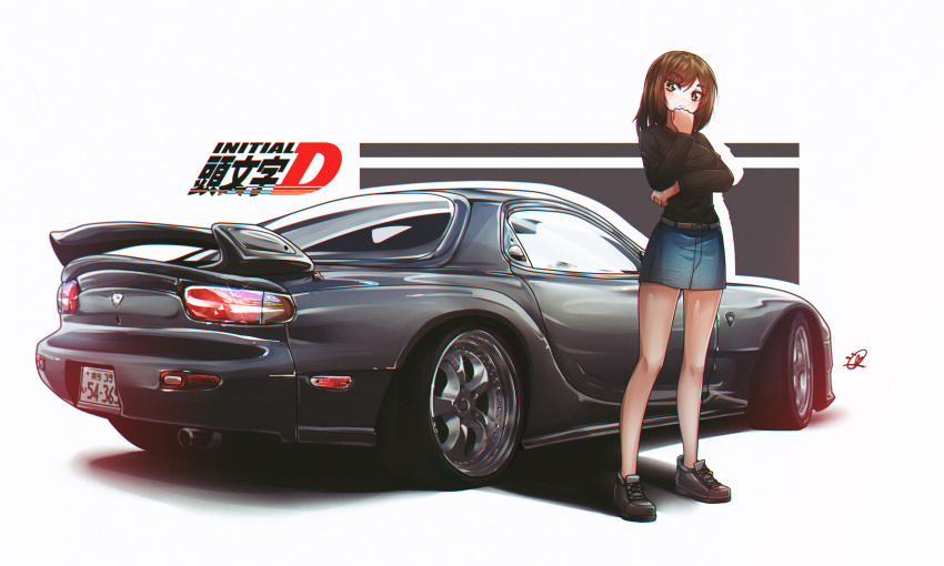 1girl absurdres arm_under_breasts black_footwear black_sweater blush breasts brown_eyes brown_hair car clenched_hand copyright_name denim denim_skirt highres initial_d iwase_kyouko license_plate logo long_sleeves mazda mazda_rx-7 mazda_rx-7_fd medium_breasts medium_hair mizzterbii motor_vehicle shadow shoes skirt sneakers solo spoiler_(automobile) sports_car sweater vehicle_focus