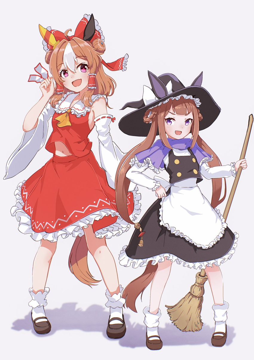 2girls alternate_costume animal_ears apron blush bow commentary_request copano_rickey_(umamusume) cosplay detached_sleeves full_body hair_bow hair_ornament hakurei_reimu hakurei_reimu_(cosplay) hat highres horse_ears horse_girl horse_tail kirisame_marisa kirisame_marisa_(cosplay) long_hair medium_hair multiple_girls navel open_mouth ponpochi purple_eyes school_uniform shoes simple_background standing sweep_tosho_(umamusume) tail touhou umamusume white_background witch_hat