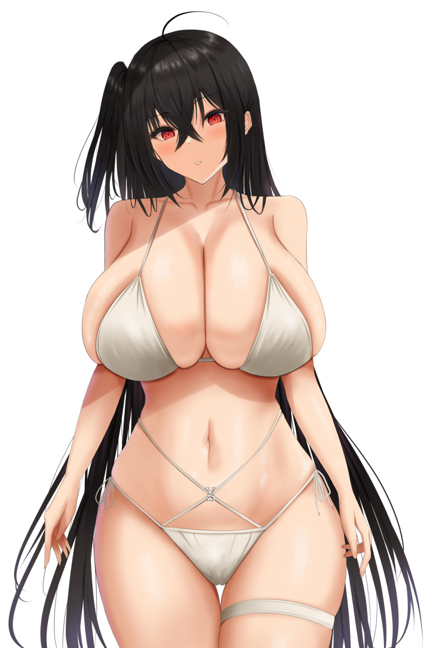1girl ahoge azur_lane bikini black_hair breasts cleavage collarbone criss-cross_straps hair_between_eyes highres huge_breasts long_hair looking_at_viewer minato81345 official_alternate_costume one_side_up red_eyes simple_background skindentation solo swimsuit taihou_(azur_lane) taihou_(seaside_daydreams)_(azur_lane) thigh_strap very_long_hair white_background white_bikini