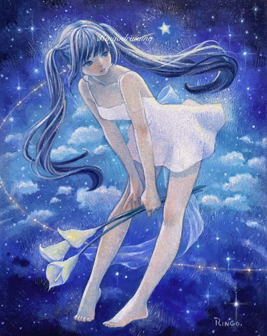 1girl bare_legs bare_shoulders barefoot blue_eyes blue_hair breasts calla_lily cloud commentary_request dress flower full_body highres holding holding_flower leaning_forward long_hair oil_painting_(medium) original painting_(medium) ringodrawing sky sleeveless sleeveless_dress small_breasts solo star_(sky) star_(symbol) starry_sky traditional_media twintails white_dress white_flower