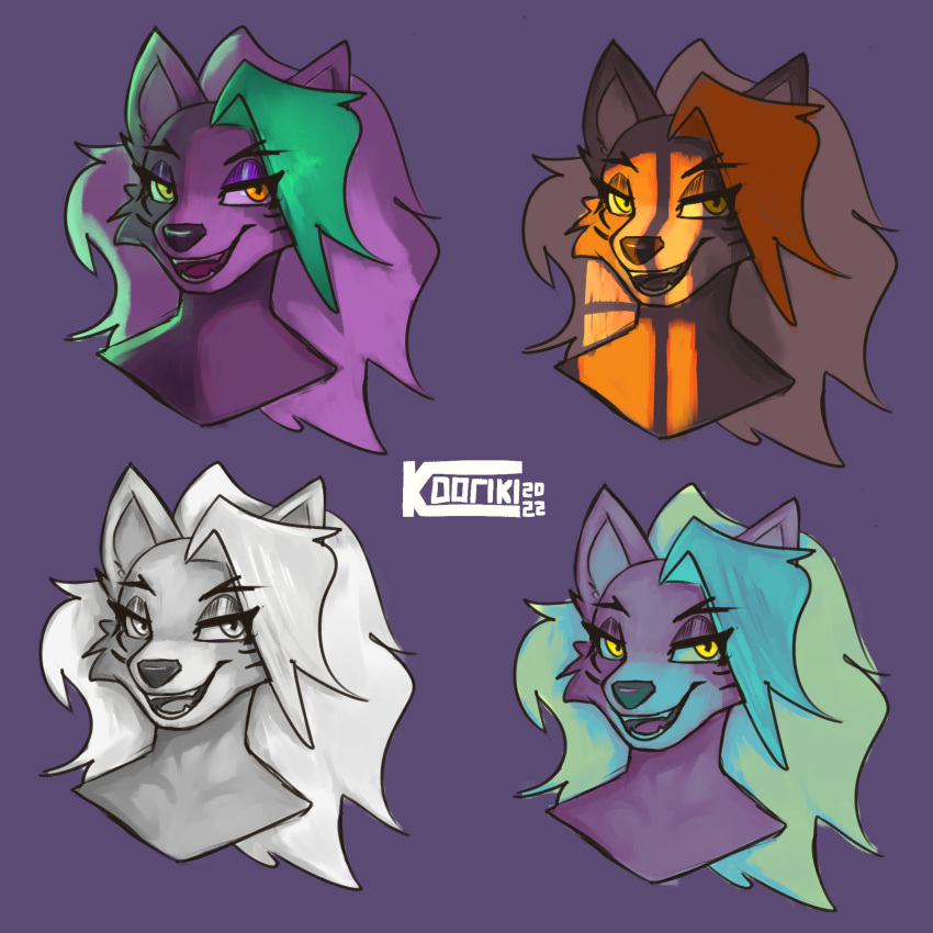 1:1 2022 absurd_res anthro artist_name bust_portrait canid canine dated digital_media_(artwork) eyebrows eyelashes female five_nights_at_freddy's five_nights_at_freddy's:_security_breach hair hi_res kooriki long_hair mammal multiple_images open_mouth portrait purple_background roxanne_wolf_(fnaf) scottgames shaded simple_background solo steel_wool_studios teeth