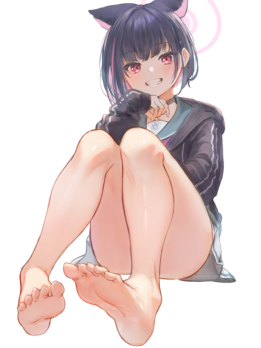 1girl absurdres bare_legs barefoot black_choker black_hair blue_archive choker clenched_teeth commentary_request grin halo highres kazusa_(blue_archive) legs looking_at_viewer marulire multicolored_hair pink_hair school_uniform serafuku short_hair simple_background sitting smile soles solo teeth toes two-tone_hair white_background