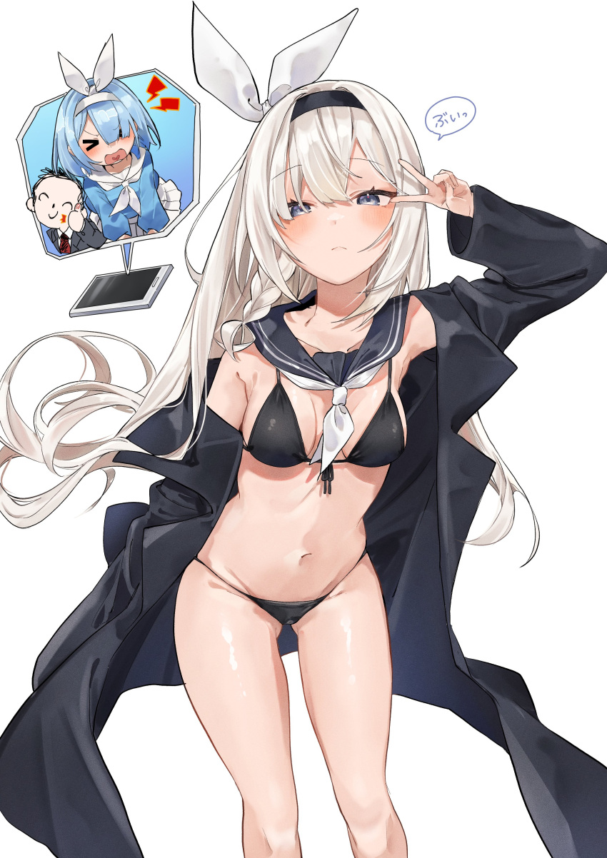 2girls a.r.o.n.a_(blue_archive) absurdres arm_up armpits arona's_sensei_doodle_(blue_archive) arona_(blue_archive) ass_visible_through_thighs bare_shoulders bikini black_bikini black_coat black_sailor_collar blue_archive blue_eyes breasts closed_mouth coat deitaku detached_collar expressionless front-tie_bikini_top front-tie_top hair_ribbon hairband highres long_hair long_sleeves looking_at_viewer medium_breasts multiple_girls navel neckerchief off_shoulder open_clothes open_coat ribbon sailor_collar sensei_(blue_archive) simple_background solo_focus speech_bubble stomach string_bikini swimsuit thighs v white_background white_hair