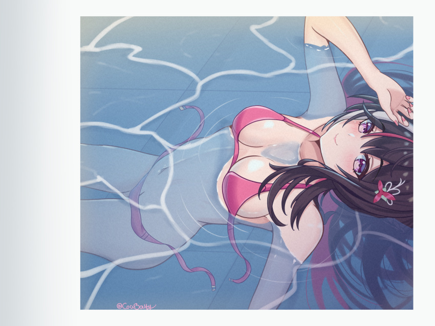 1girl absurdres azki_(hololive) bikini black_hair breasts colored_inner_hair coubalty from_above hair_ornament highres hololive long_hair looking_at_viewer medium_breasts multicolored_hair nail_polish navel partially_submerged photo_(object) pink_bikini pink_hair pink_nails polaroid purple_eyes smile solo streaked_hair swimsuit twitter_username virtual_youtuber water white_hair
