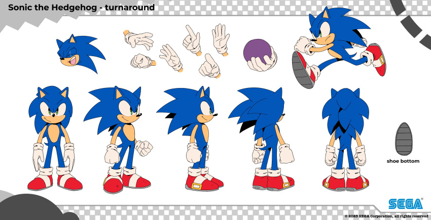 1boy absurdres ball blue_fur character_profile clenched_hand close-up closed_eyes closed_mouth gloves green_eyes highres holding holding_ball laughing multiple_views official_art open_mouth pointing punching red_footwear reference_sheet running sega serious shoe_belt smile solo sonic_(series) sonic_dream_team sonic_the_hedgehog turnaround tyson_hesse white_gloves