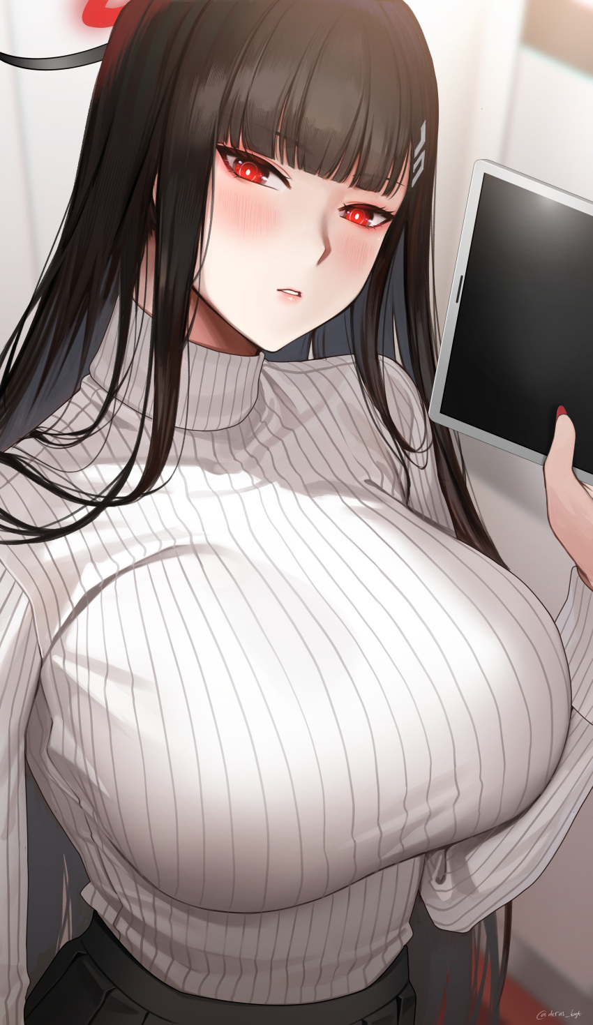 1girl absurdres black_hair black_skirt blue_archive blunt_bangs blush breasts deras glowing glowing_eyes hair_ornament hairclip halo highres long_hair long_sleeves looking_at_viewer parted_lips red_eyes ribbed_sweater rio_(blue_archive) skirt solo sweater tablet_pc turtleneck turtleneck_sweater white_sweater