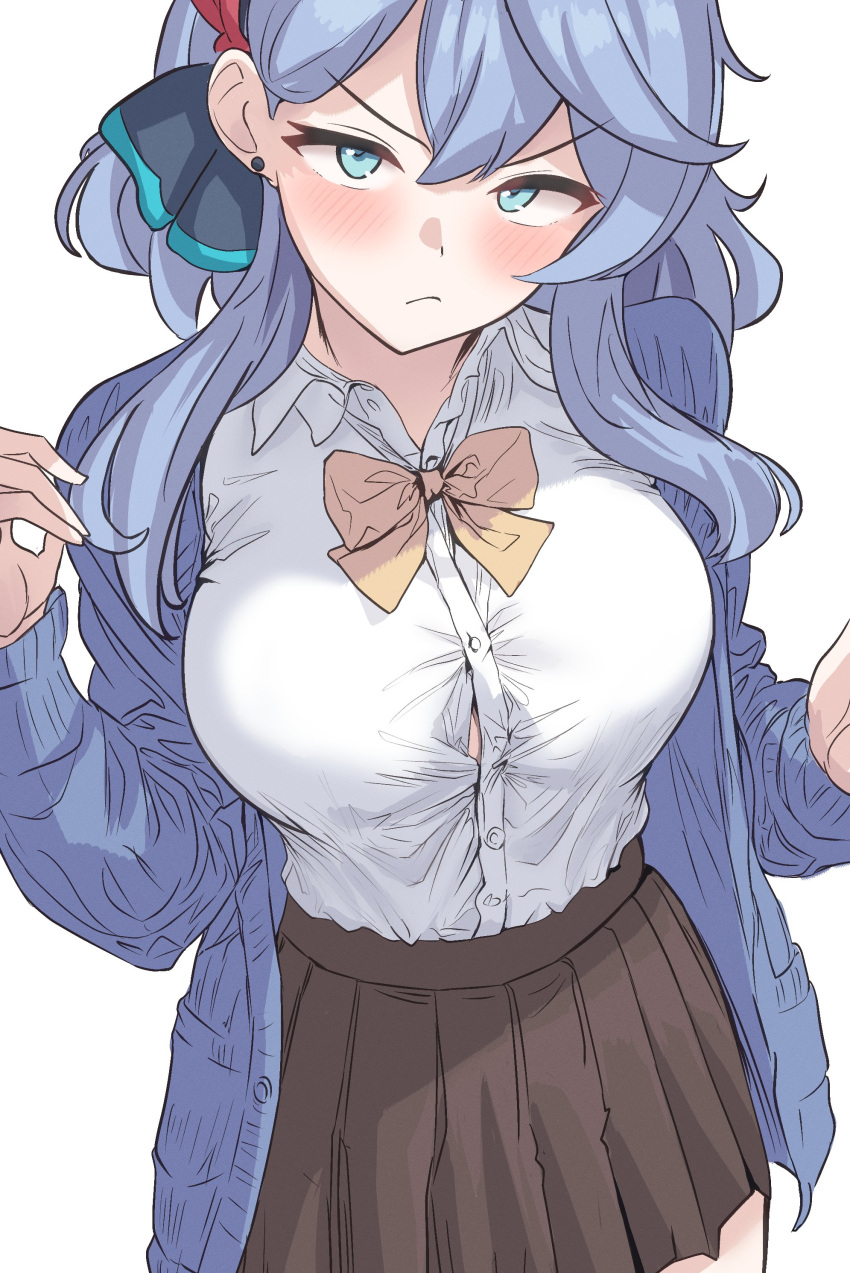 1girl absurdres ako_(blue_archive) aqua_eyes blue_archive blue_cardigan blue_hair blue_ribbon blush bow bowtie breasts brown_skirt button_gap cardigan closed_mouth collared_shirt commentary_request hair_between_eyes hair_ribbon highres large_breasts looking_at_viewer medium_hair open_cardigan open_clothes ossou_rocket ribbon shirt simple_background skirt solo white_background white_shirt yellow_bow yellow_bowtie