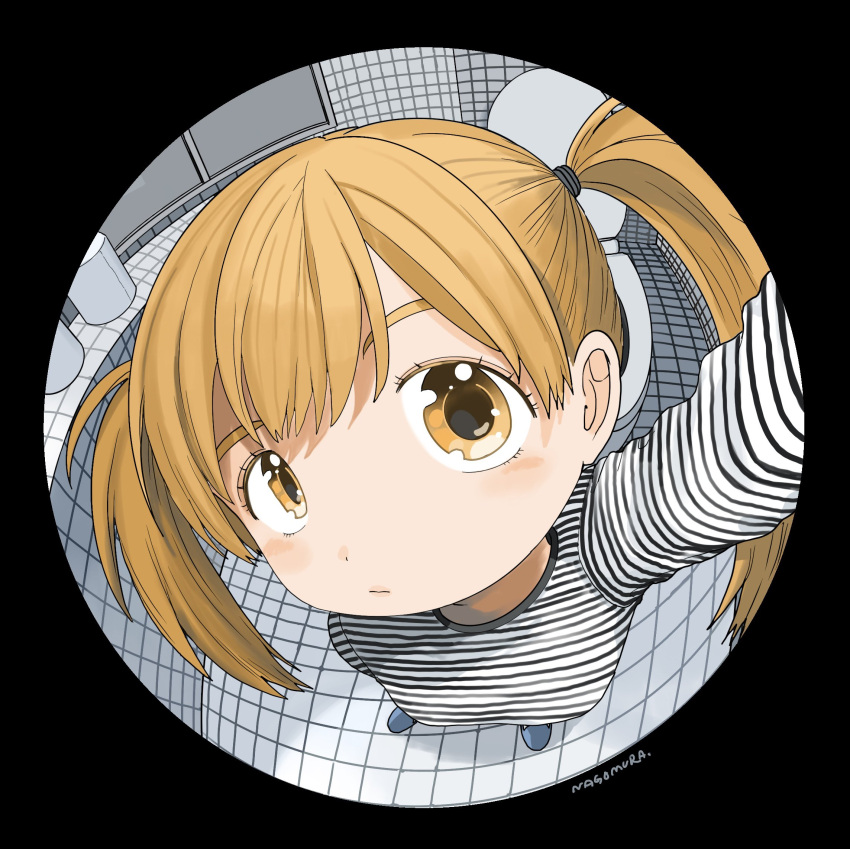 1girl arm_up artist_name black_border black_shirt blonde_hair blue_footwear border breasts close-up closed_mouth dot_nose double-parted_bangs fisheye from_above head_tilt highres light_blush long_hair long_sleeves looking_at_viewer nagomurasan original restroom shirt small_breasts solo standing striped striped_shirt tile_floor tile_wall tiles toilet toilet_paper twintails white_shirt window yellow_eyes