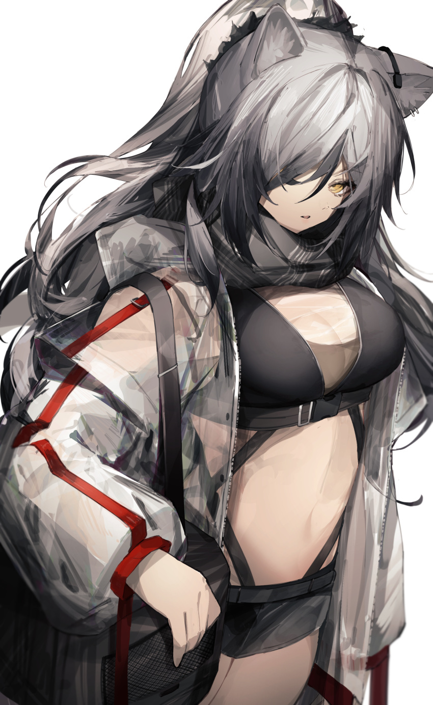 1girl absurdres animal_ears ankoro_mochi arknights black_scarf black_shorts breasts cat_ears commentary cowboy_shot crop_top grey_hair highres jacket large_breasts long_hair long_sleeves looking_at_viewer midriff navel open_clothes open_jacket parted_lips scarf schwarz_(arknights) short_shorts shorts simple_background solo standing stomach very_long_hair white_background white_jacket yellow_eyes