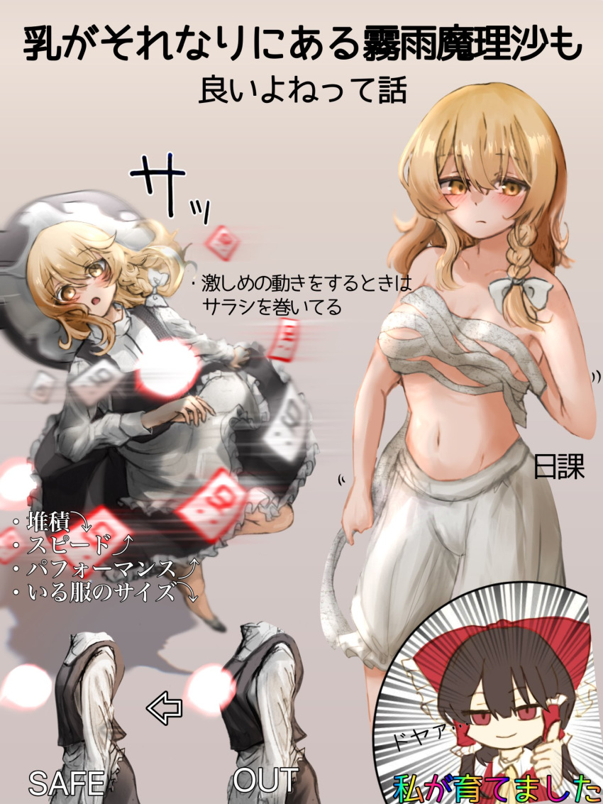 2girls apron black_dress black_headwear blonde_hair bloomers bow breasts brown_hair dress english_text from_side grey_background hair_bow hakurei_reimu hat highres karasu2020_8 kirisame_marisa multiple_girls rainbow_text red_bow red_eyes sarashi spell_card thumbs_up touhou translation_request underwear white_apron white_bloomers witch_hat yellow_eyes