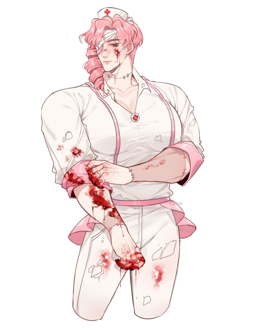 02_nai 1boy blood blood_on_clothes blood_on_face blood_on_hands blood_splatter blood_stain cross drill_hair eyepatch genderswap genderswap_(ftm) hat heart heart_print highres indie_virtual_youtuber kagome_(vtuber) large_pectorals long_hair looking_at_viewer male_focus muscular muscular_male nurse nurse_cap pants pectoral_cleavage pectorals pink_hair red_cross shirt stitched_arm stitched_neck stitches torn_clothes torn_pants torn_shirt undead white_headwear white_pants white_shirt zombie