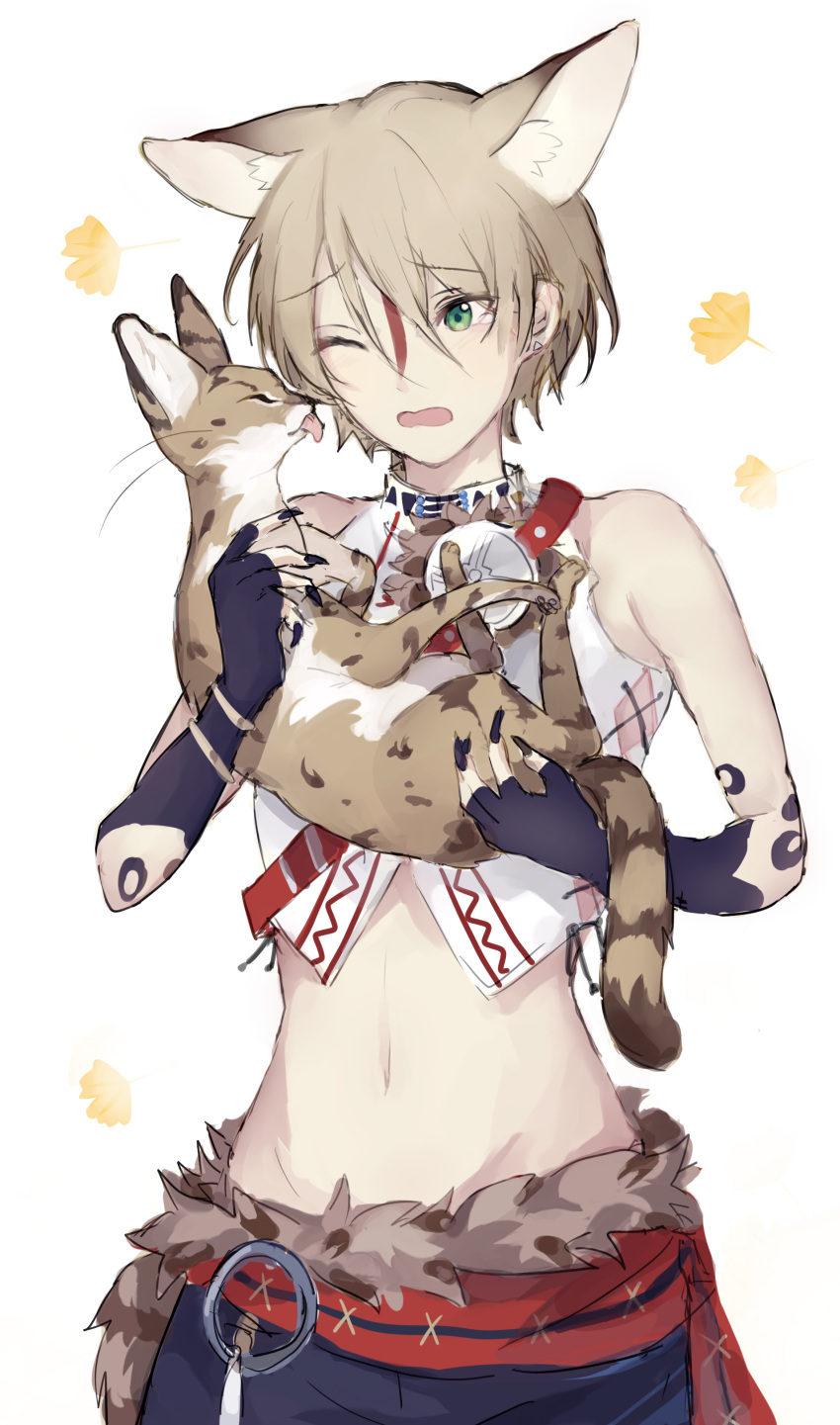 1boy absurdres animal animal_ears belt black_pants blonde_hair blush brown_hair cat cat_boy cat_ears crop_top ensemble_stars! fur-trimmed_belt green_eyes highres holding holding_animal holding_cat leaf male_focus multicolored_hair one_eye_closed open_mouth pants red_belt red_hair shiratori_aira_(ensemble_stars!) shirt short_hair shui_miao solo white_background white_shirt