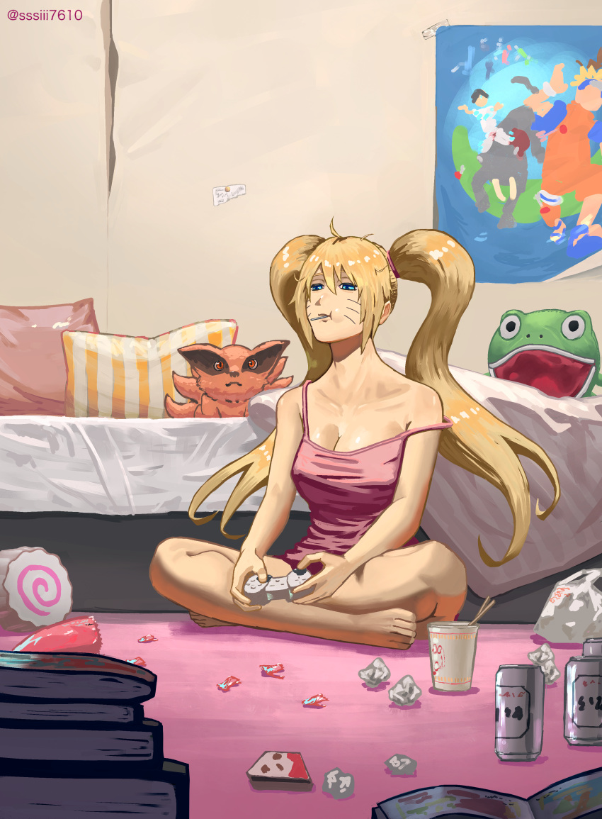 1girl absurdres bed bedroom blonde_hair blue_eyes breasts candy character_doll cleavage controller crossed_legs crumpled_paper cup_ramen facial_mark food game_controller genderswap genderswap_(mtf) highres holding holding_controller holding_game_controller indoors kamaboko kurama_(naruto) large_breasts lollipop long_hair magazine_(object) naruko_(naruto) naruto_(series) narutomaki on_floor pillow pink_shirt shirt sitting solo spaghetti_strap sssiii7610 stuffed_animal stuffed_toy twintails uzumaki_naruto whisker_markings