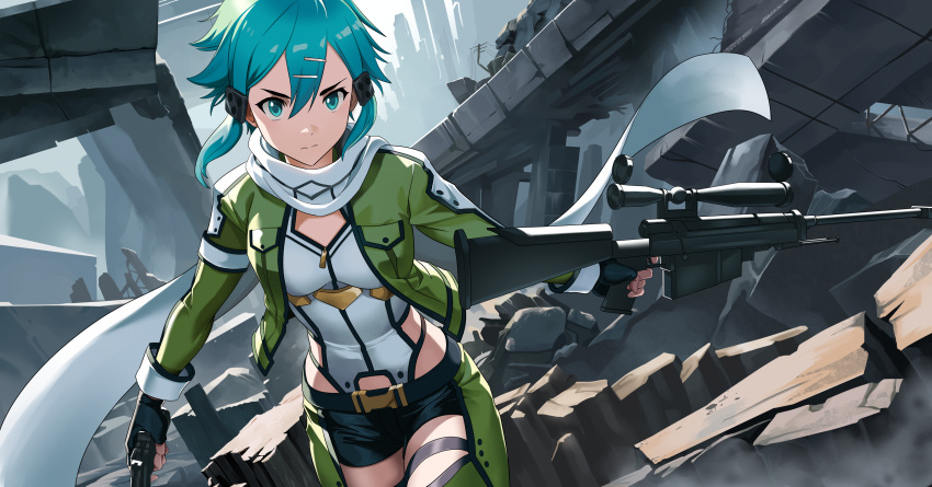 1girl absurdres black_gloves blue_eyes blue_hair breasts fingerless_gloves gloves gun hair_between_eyes highres holding holding_gun holding_weapon indy_k jacket leotard looking_at_viewer medium_breasts open_clothes open_jacket rifle ruins scarf short_hair short_hair_with_long_locks short_shorts shorts sinon solo sword_art_online weapon