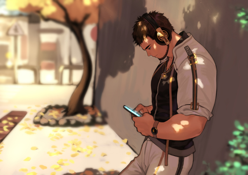 1boy absurdres against_wall autumn_leaves baimeme bara beard black_hair dungeon_and_fighter facial_hair feet_out_of_frame from_side headphones highres holding holding_phone large_pectorals looking_at_phone male_focus male_priest_(dungeon_and_fighter) mature_male muscular muscular_male pectorals phone short_hair shrug_(clothing) solo thick_eyebrows tree tree_shade