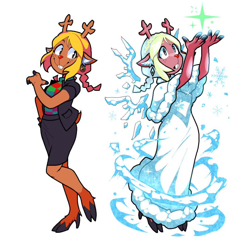 1girl antlers arms_up black_nails blonde_hair braid buck_teeth deer_girl deltarune discommunicator dress earrings freckles furry hooves ice ice_wings jewelry magic multiple_views noelle_holiday ponytail smile snowflakes sparkle standing teeth white_background white_dress wings