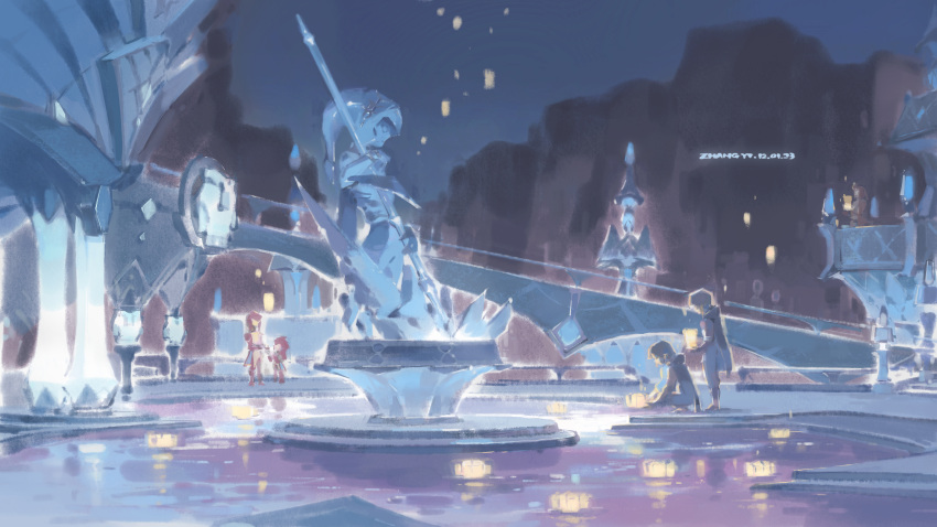 1boy 1girl 3others absurdres candle highres kchang57 lantern link mipha multiple_others night night_sky paper_lantern princess_zelda scenery sky squatting statue the_legend_of_zelda the_legend_of_zelda:_breath_of_the_wild zora