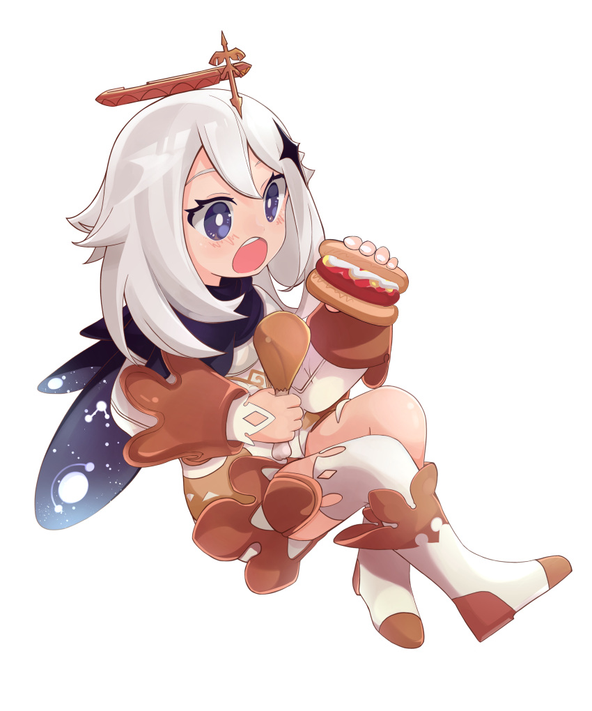 1girl absurdres black_scarf blue_eyes boots chicken_(food) commentary dress english_commentary food full_body genshin_impact halo highres holding holding_food hot_dog maqinpu mechanical_halo paimon_(genshin_impact) scarf solo thighhighs white_dress white_hair