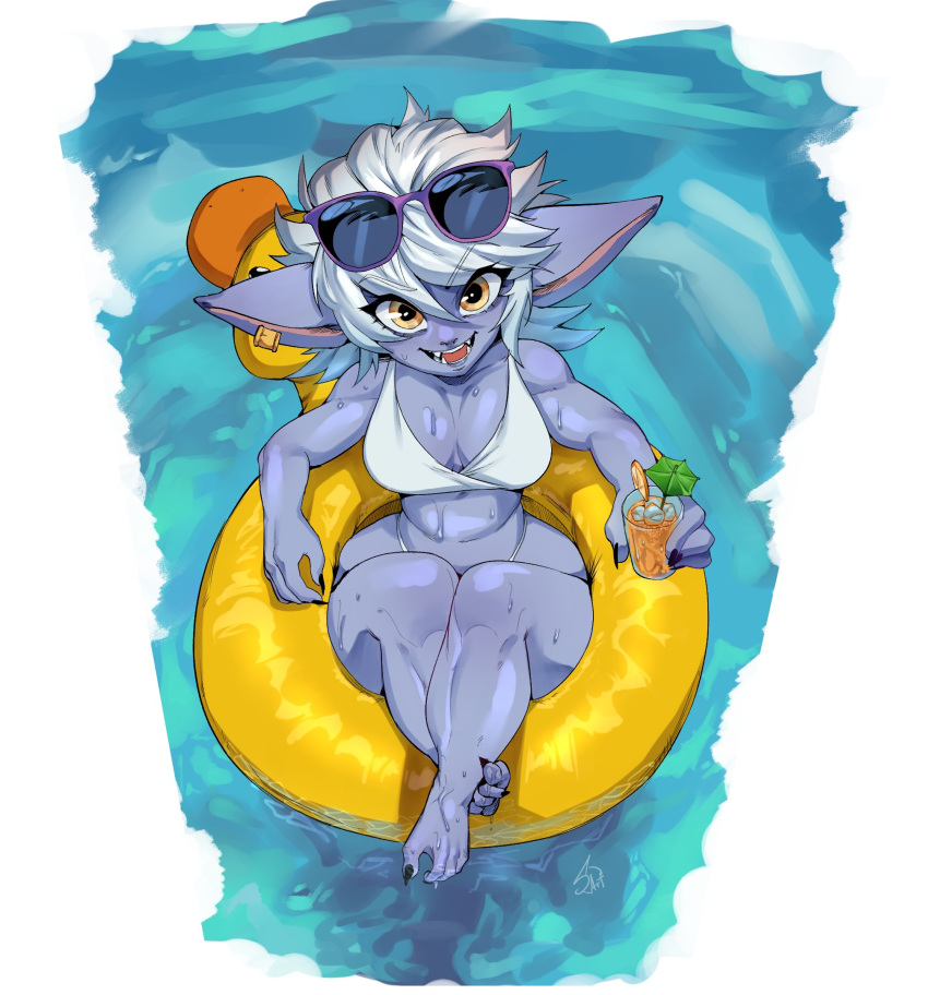 big_ears bikini breasts clothing cute_fangs ear_piercing female hair hi_res humanoid humanoid_pointy_ears league_of_legends looking_at_viewer medium_breasts piercing pool_float riot_games short_stack solo sungerart swimwear thick_thighs tristana_(lol) white_hair wide_hips yordle