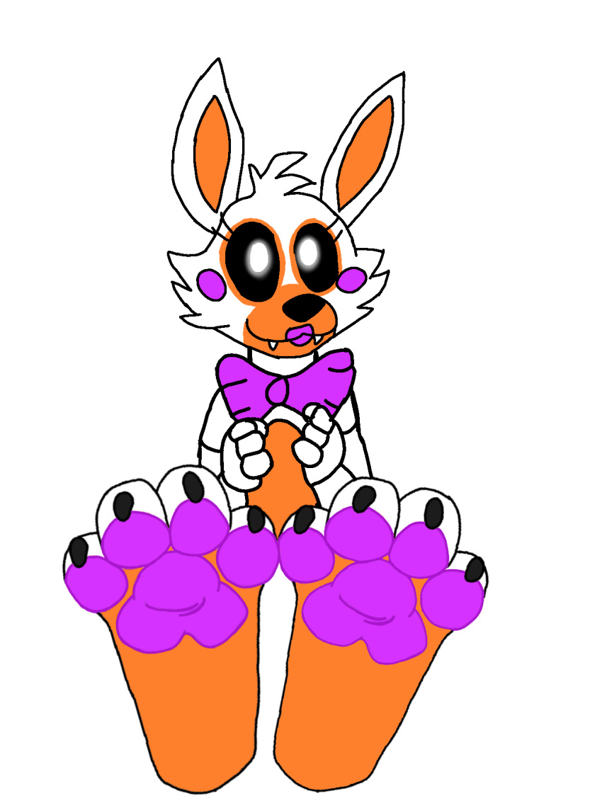 4_toes anthro canid canine feet female five_nights_at_freddy's five_nights_at_freddy's_2 five_nights_at_freddy's_world fox fur hi_res lolbit_(fnaf) looking_at_viewer mammal pawpads paws scottgames simple_background smile solo toes unknown_artist