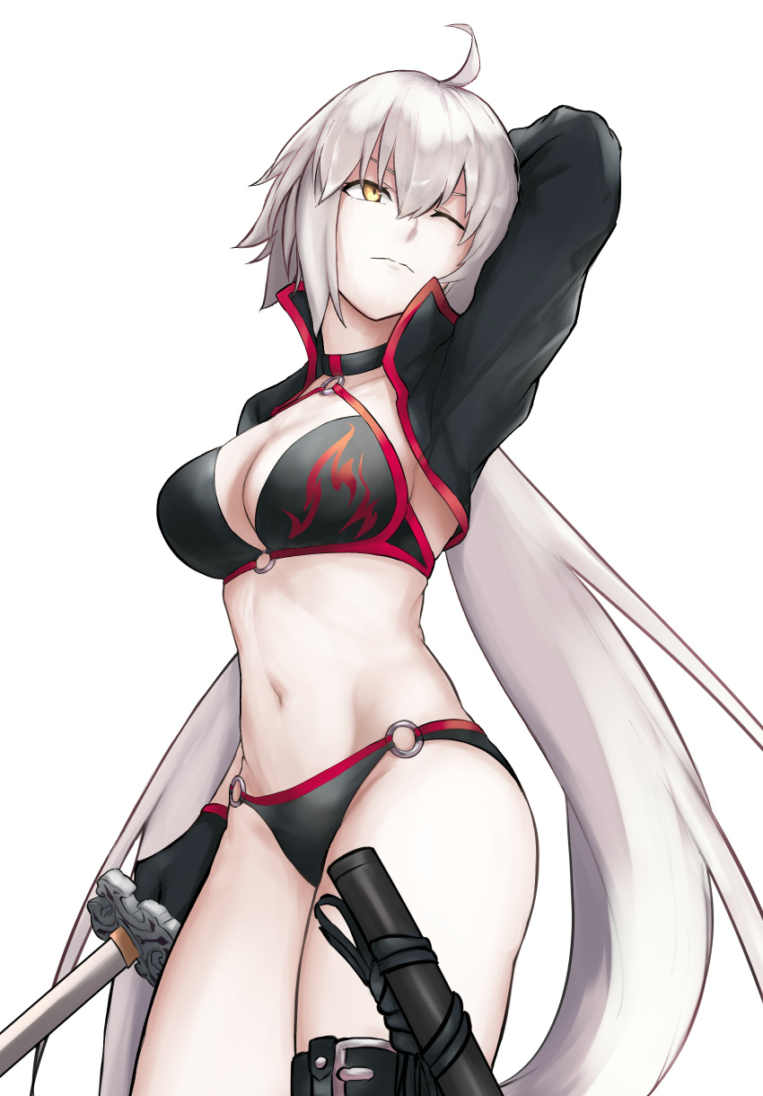 1girl absurdres ahoge arm_up bikini black_bikini black_gloves black_jacket breasts choker cleavage cropped_jacket english_text fate/grand_order fate_(series) gloves grey_hair hair_between_eyes highres holding holding_sword holding_weapon jacket jeanne_d'arc_alter_(fate) jeanne_d'arc_alter_(swimsuit_berserker)_(fate) katana large_breasts long_hair looking_up navel o-ring o-ring_bikini o-ring_bottom o-ring_top one_eye_closed poiramee shrug_(clothing) simple_background solo swimsuit sword thigh_strap very_long_hair weapon white_background yellow_eyes