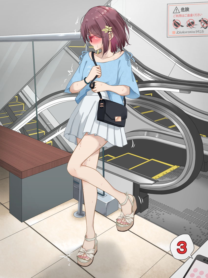 1girl artist_name bag bench blue_shirt blush bracelet cellphone clothes_writing collarbone commentary_request drooling embarrassed escalator faceless faceless_female flat_chest full_body glasses handbag hands_up highres holding_strap indoors jewelry kakuremino7928 leg_up legs miniskirt nail_polish nose_blush open_mouth original phone pink_nails pleated_skirt profile public_indecency purple_hair pussy_juice raised_eyebrows red-framed_eyewear remote_control_vibrator saliva sandals semi-rimless_eyewear sex_toy shirt shirt_tucked_in short_hair short_sleeves shoulder_bag sidelocks sign signature skirt smartphone solo speech_bubble stairs standing standing_on_one_leg sweat tears thighs tile_floor tiles toenail_polish toenails translation_request trembling twitter_username vibrator vibrator_under_clothes white_footwear white_skirt