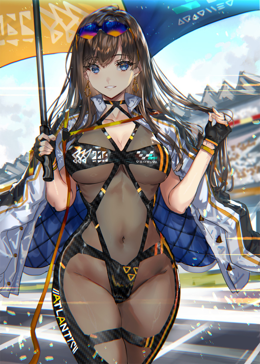 1girl black_bodysuit black_gloves bodystocking bodysuit breasts brown_hair collarbone covered_navel cowboy_shot eyewear_on_head fingerless_gloves gloves highres holding holding_umbrella jacket large_breasts long_hair looking_at_viewer open_clothes open_jacket original parasol parted_lips race_queen ran'ou_(tamago_no_kimi) see-through see-through_bodysuit skin_tight smile solo sunglasses teeth two-tone_bodysuit umbrella white_jacket