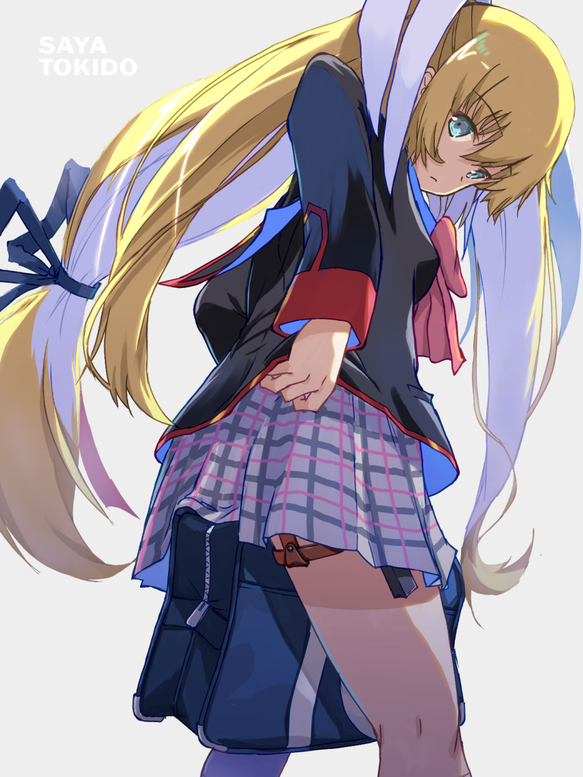 1girl akayama_yukihe aqua_eyes backlighting black_bag black_jacket black_ribbon blazer blonde_hair bow character_name closed_mouth commentary_request cowboy_shot eyes_visible_through_hair from_below frown grey_background grey_skirt hair_between_eyes hair_ribbon highres holster jacket little_busters! little_busters!_school_uniform long_hair long_sleeves looking_at_viewer looking_down low-tied_long_hair miniskirt pink_bow plaid plaid_skirt pleated_skirt ribbon school_uniform simple_background skirt solo standing straight_hair thigh_holster thighs tokido_saya two_side_up very_long_hair white_ribbon