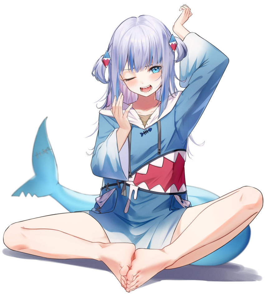 1girl absurdres bare_legs barefoot blue_eyes blue_hair blue_hoodie blurry blurry_background blush collarbone depth_of_field eyelashes feet fins fish_tail full_body gawr_gura gawr_gura_(1st_costume) grey_hair hair_ornament highres hololive hololive_english hood hood_down hoodie knees_apart_feet_together legs looking_at_viewer multicolored_hair on_ground one_eye_closed open_mouth pero_(peroneko0510) shark_girl shark_hair_ornament shark_tail sharp_teeth sitting solo streaked_hair tail teeth thighs toenails toes tongue two_side_up virtual_youtuber wide_sleeves yawning