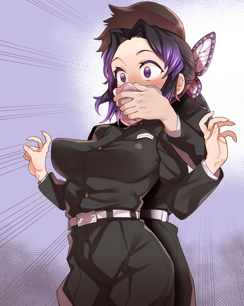 1boy 1girl absurdres black_hair breasts brown_hair butterfly_hair_ornament chloroform cloth commission covering_another's_mouth covering_mouth demon_slayer_uniform drugged georugu13 grabbing grabbing_from_behind hair_ornament hand_over_another's_mouth hands_up highres holding_cloth kimetsu_no_yaiba kochou_shinobu medium_breasts multicolored_hair pixiv_commission purple_eyes purple_hair short_hair wide-eyed