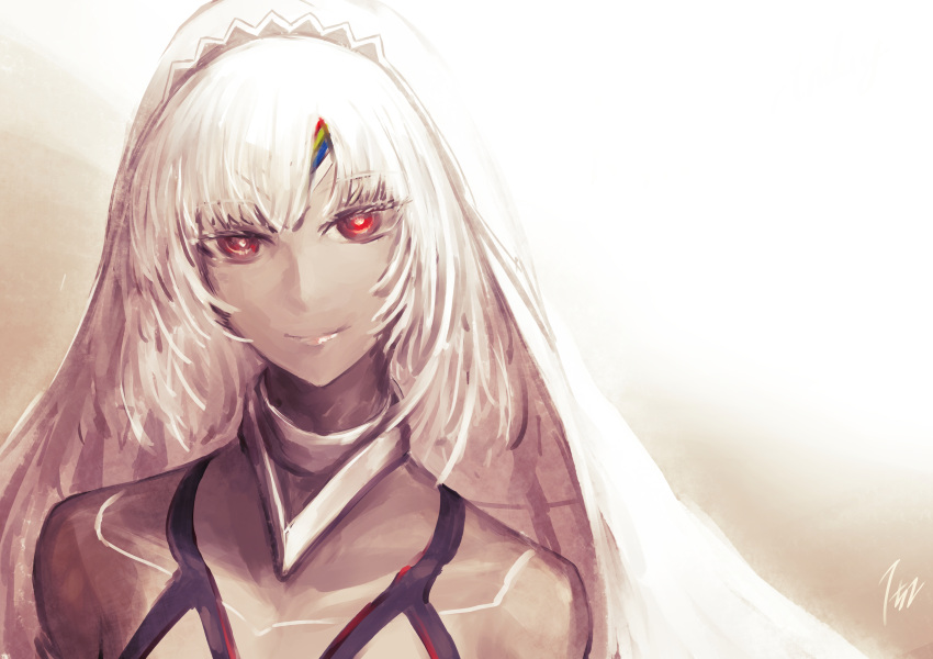 152_in_can 1girl absurdres altera_(fate) bare_shoulders closed_mouth commentary dark-skinned_female dark_skin dated_commentary fate/extella fate/extra fate/grand_order fate_(series) headdress highres long_hair looking_at_viewer red_eyes simple_background smile solo tattoo veil white_hair