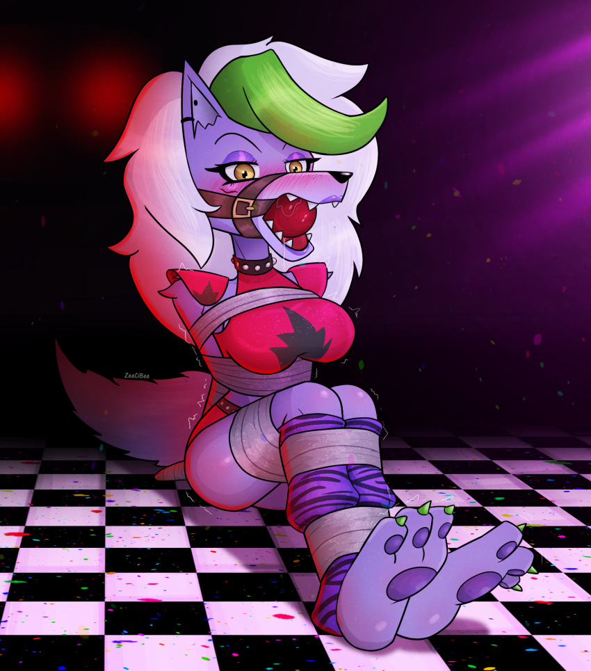 anthro ball_gag blush bodily_fluids breasts canid canine canis clothing collar drooling ear_piercing ear_ring female five_nights_at_freddy's five_nights_at_freddy's:_security_breach gag hi_res leg_warmers legwear looking_at_viewer mammal piercing ring_piercing roxanne_wolf_(fnaf) saliva scottgames sitting solo spiked_collar spikes steel_wool_studios tape tape_bondage wolf zeecibee