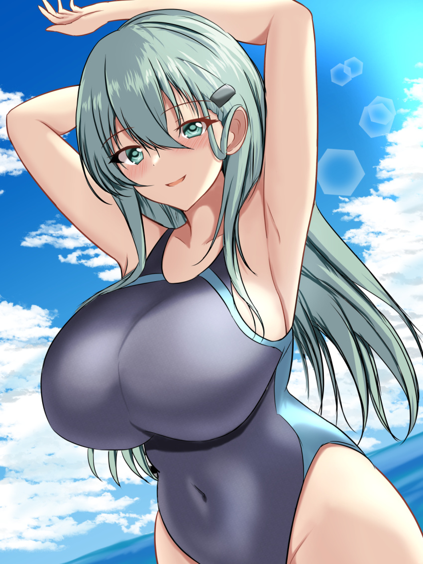 1girl aqua_eyes aqua_hair arms_behind_head arms_up beach black_one-piece_swimsuit blue_one-piece_swimsuit blush breasts cloud cloudy_sky competition_swimsuit covered_navel cowboy_shot dated day dutch_angle hair_between_eyes hair_ornament hairclip highleg highleg_swimsuit highres impossible_clothes impossible_swimsuit indoors kantai_collection large_breasts long_hair looking_at_viewer montemasa multicolored_clothes multicolored_swimsuit ocean one-piece_swimsuit open_mouth sky smile solo suzuya_(kancolle) swimsuit twitter_username two-tone_swimsuit