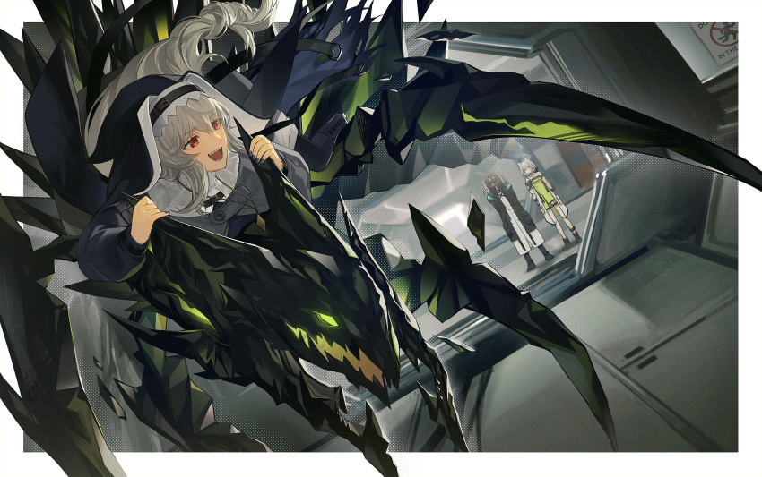 1other 2girls :d absurdres anger_vein arknights black_coat black_footwear black_headwear black_nails border capelet coat commentary_request commission doctor_(arknights) dress dutch_angle full_body green_dress grey_capelet grey_hair habit highres hooded_coat indoors jewelry kal'tsit_(arknights) lab_coat long_hair long_sleeves mon3tr_(arknights) monster multiple_girls open_clothes open_coat open_mouth outside_border oxy_(ho2) pendant red_eyes riding scared sharp_teeth skeb_commission smile specter_(arknights) teeth white_border white_hair