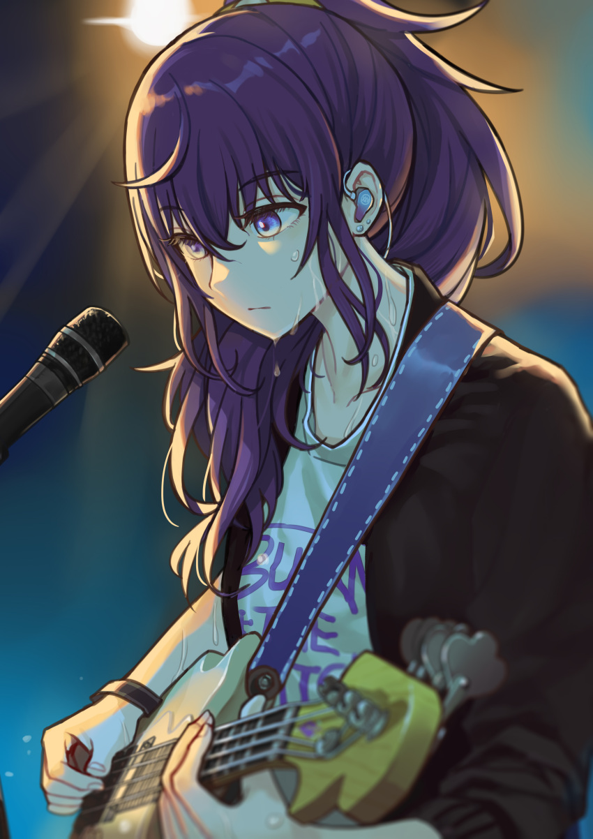 1girl absurdres asahina_mafuyu bass_guitar black_bracelet black_jacket blue_background blurry blurry_foreground bracelet chaos1402 closed_mouth clothes_writing commentary_request concentrating earpiece earrings gradient_background highres holding holding_guitar holding_plectrum instrument jacket jewelry light_rays looking_at_object microphone multicolored_background music open_clothes open_jacket orange_background playing_instrument plectrum project_sekai purple_eyes purple_hair shirt sleeves_past_elbows sleeves_pushed_up solo spotlight strap stud_earrings sweat upper_body very_sweaty white_shirt