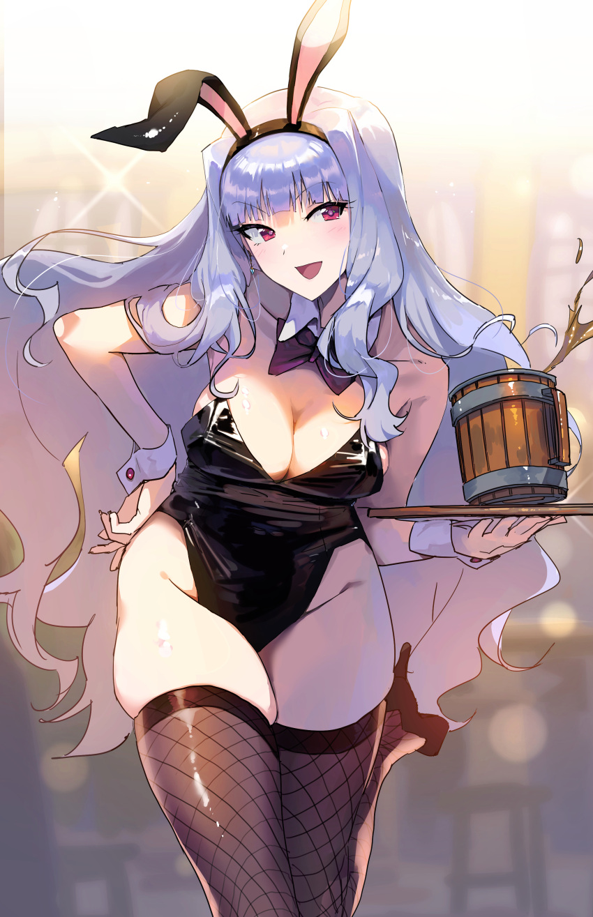 1girl :d absurdres animal_ears black_leotard bow bowtie breasts cup detached_sleeves fishnet_thighhighs fishnets groin hand_on_hip highres holding holding_tray idolmaster idolmaster_(classic) large_breasts leaning_forward leotard long_hair midnamana mug playboy_bunny purple_bow purple_bowtie purple_eyes rabbit_ears shijou_takane skindentation smile solo thighhighs tray wavy_hair white_hair wrist_cuffs