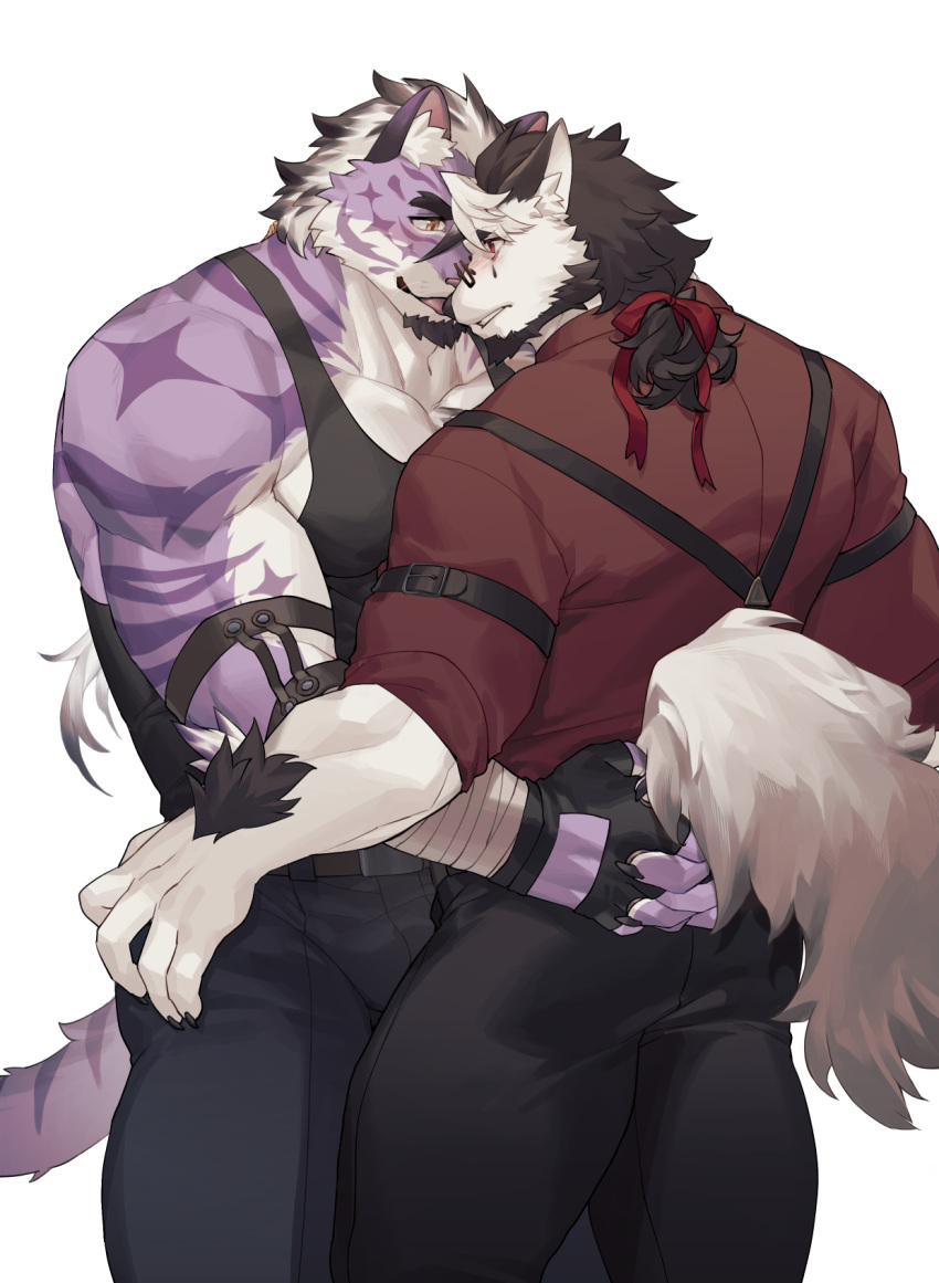 2boys animal_ears bara beard black_tank_top collared_shirt commission destroycode diamond_(shape) dog_boy dog_ears eye_contact facial_hair feet_out_of_frame forehead-to-forehead forked_eyebrows from_side furry furry_male glasses goatee heads_together highres licking_nose long_hair looking_at_another male_focus multicolored_hair multiple_boys muscular muscular_male original pectoral_cleavage pectorals ponytail purple_fur sadiend shirt streaked_hair suspenders tail tail_grab tank_top thick_eyebrows thick_thighs thighs tiger_boy tiger_ears tongue tongue_out topless_male white_hair yaoi yellow_eyes